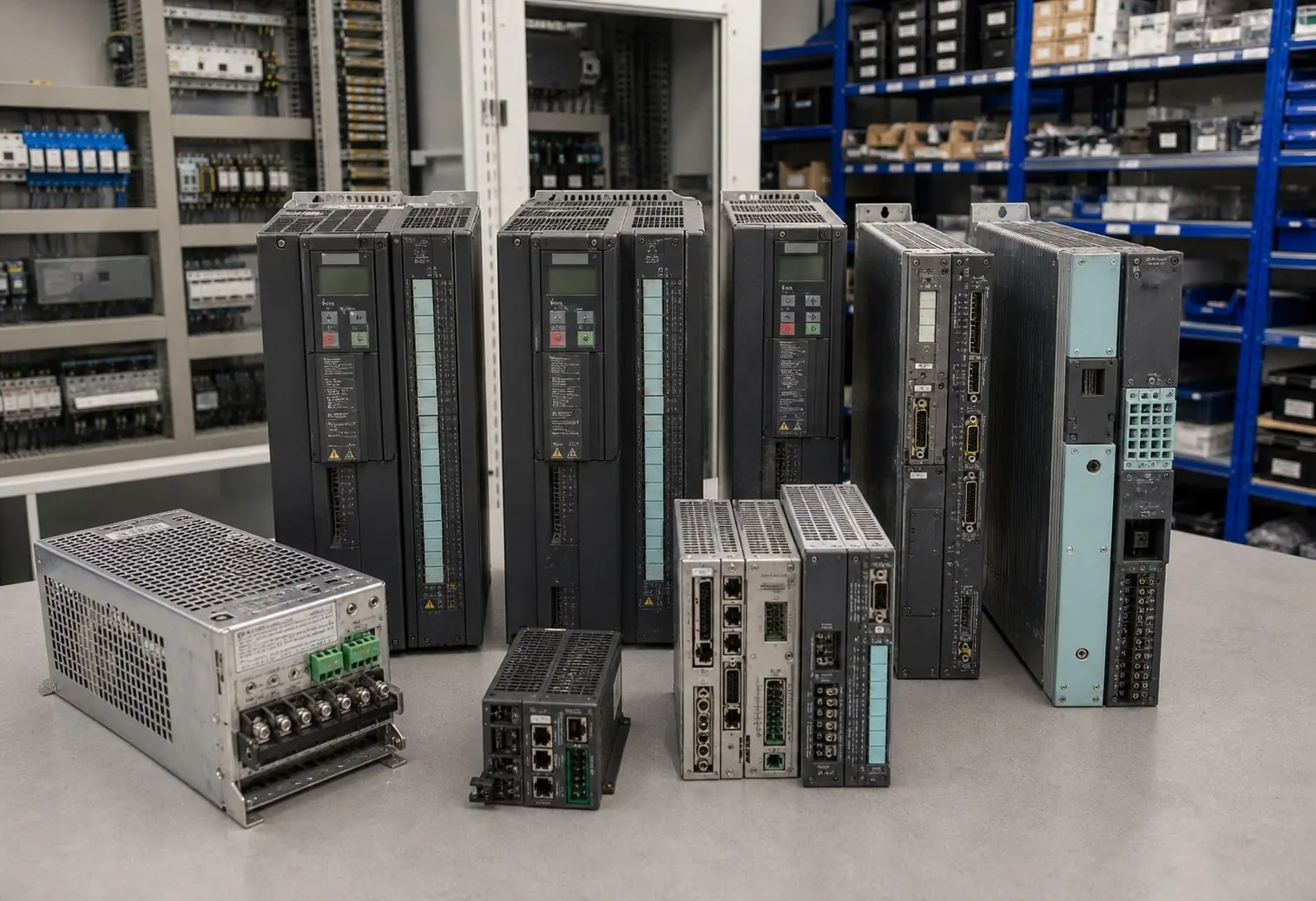 Industrie-Frequenzumrichter vor Schaltschrank und Lagerregalen