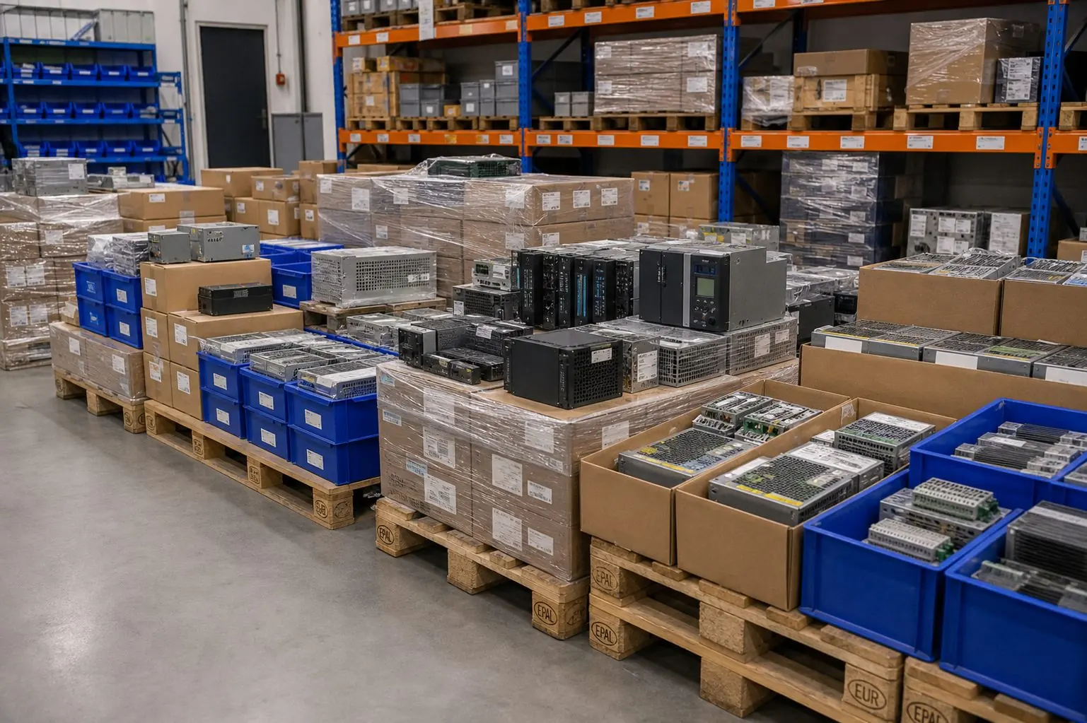 Lagerüberbestände mit Industriekomponenten auf Paletten