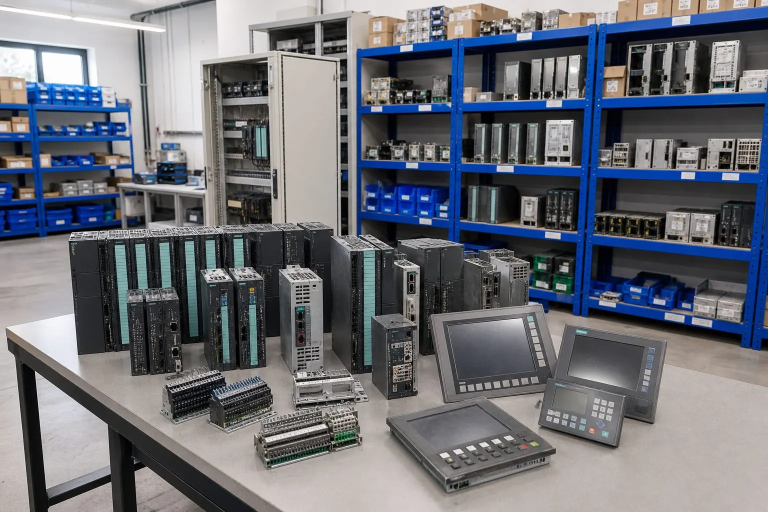 Lagerbestand mit Industrieelektronik, Steuerungen und Antriebstechnik