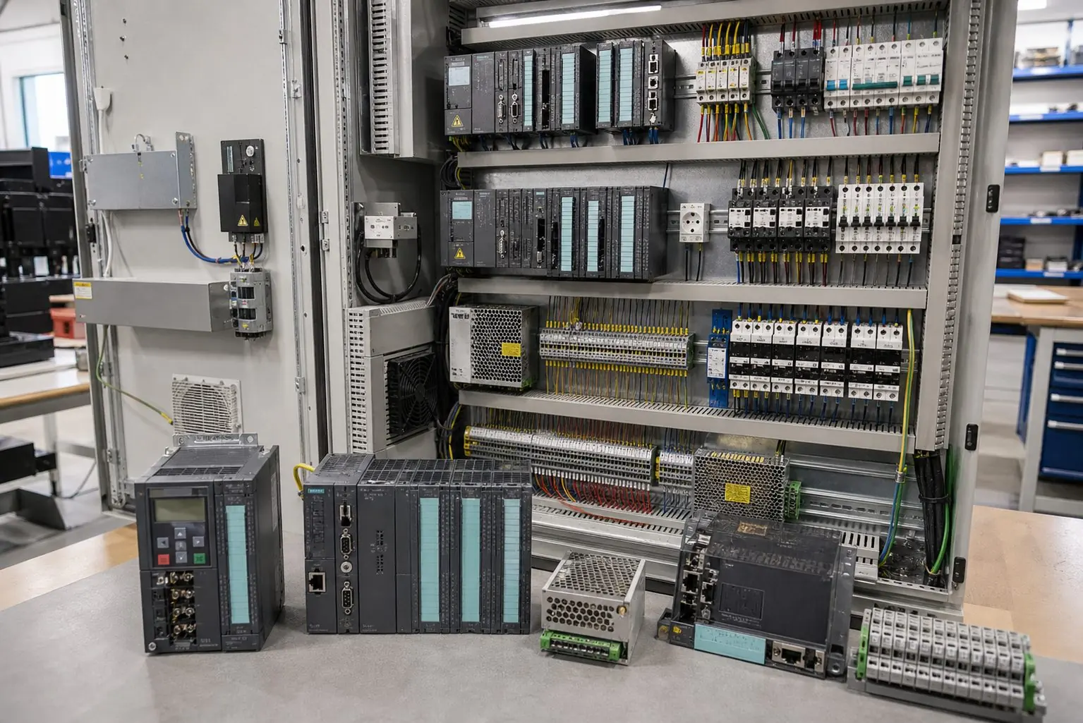 Offener Schaltschrank mit Industrieelektronik