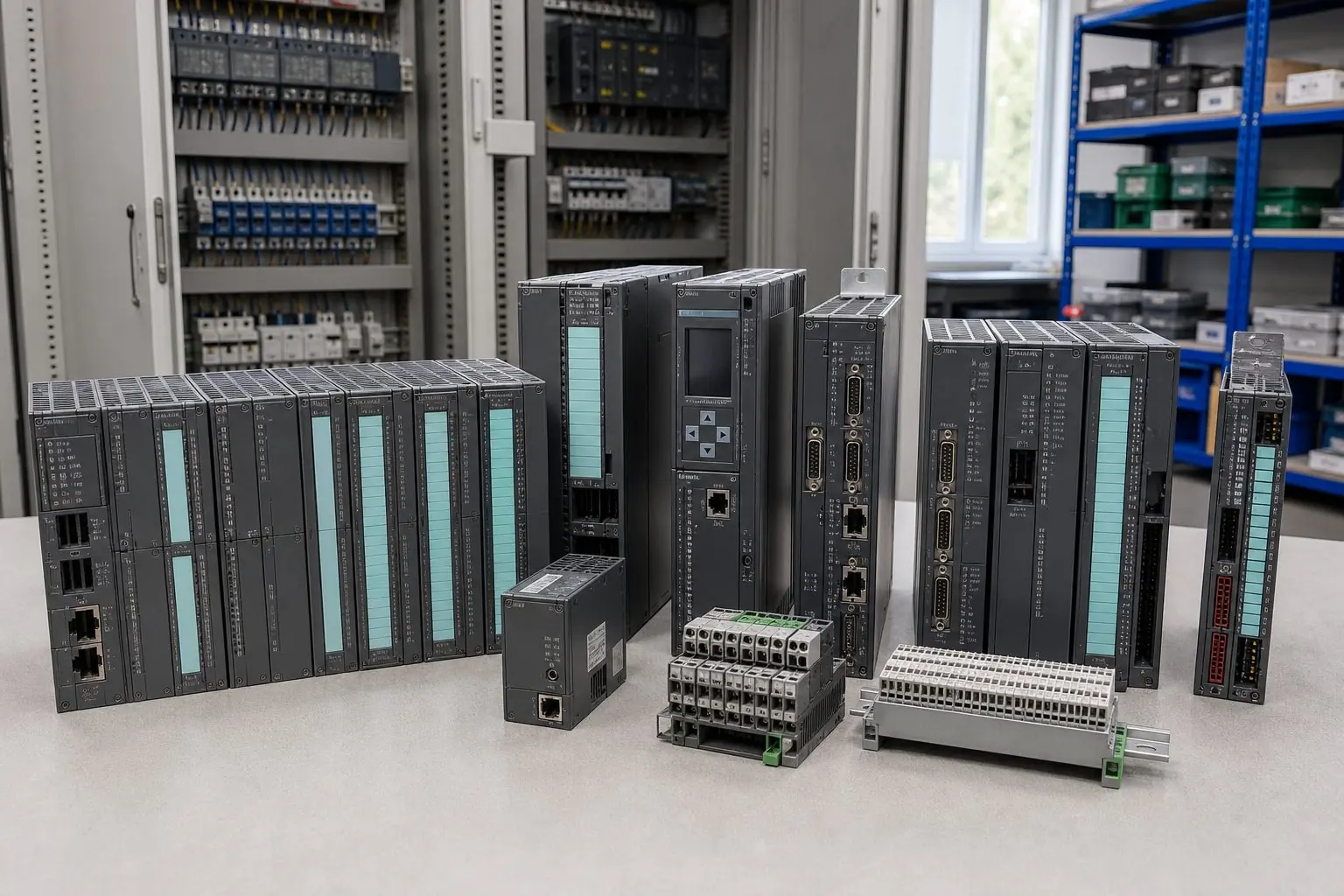 SPS-Baugruppen und PLC-Module auf einer Werkbank