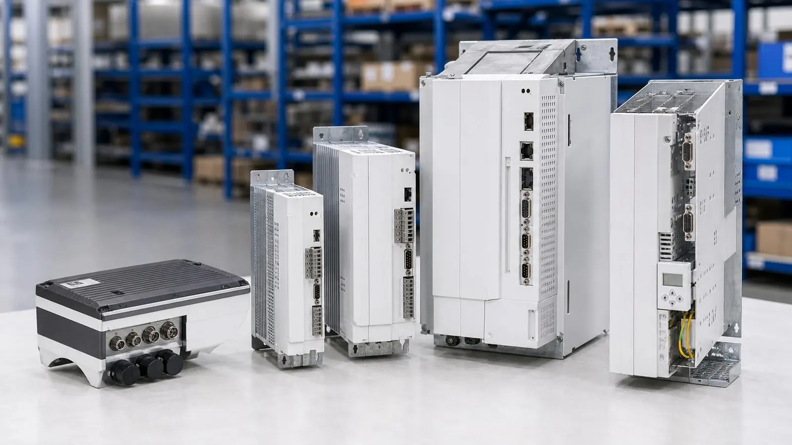 Lenze 8400 Frequenzumrichter auf einer Werkbank im Lager