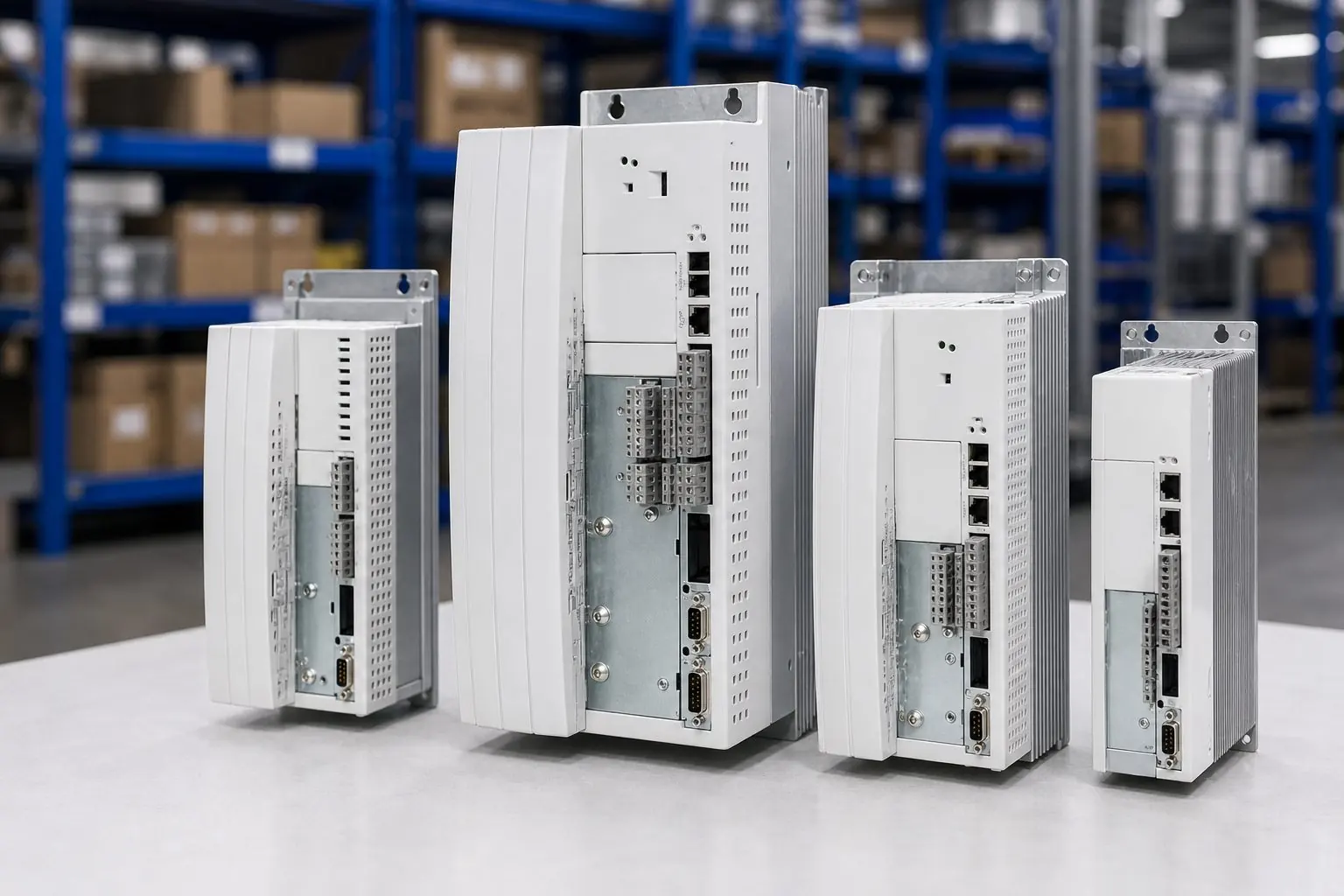 Lenze 9300 Frequenzumrichter auf einer Werkbank im Lager
