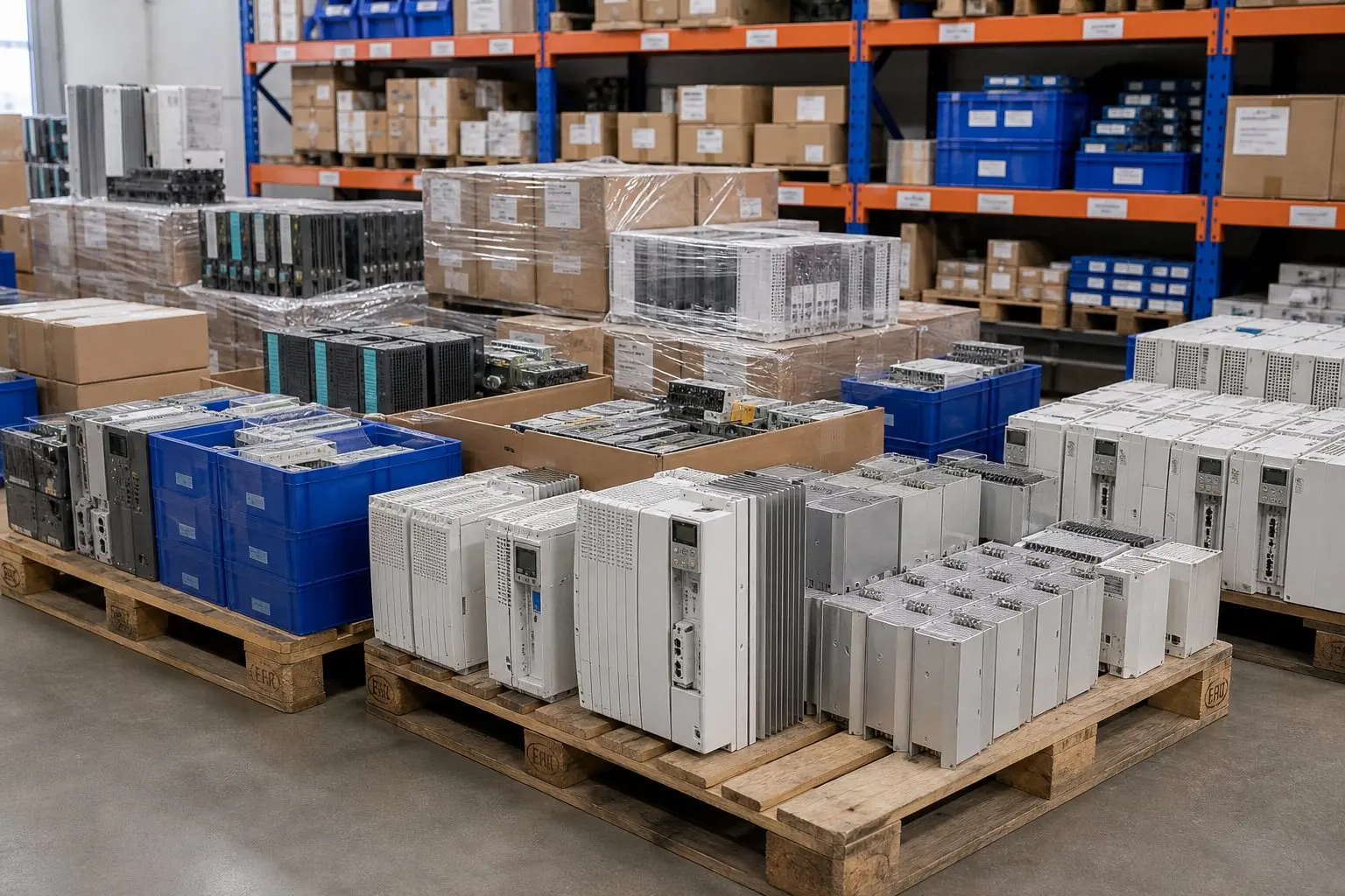 Lenze-artige Komponenten und Antriebstechnik als Palettenbestand im Lager