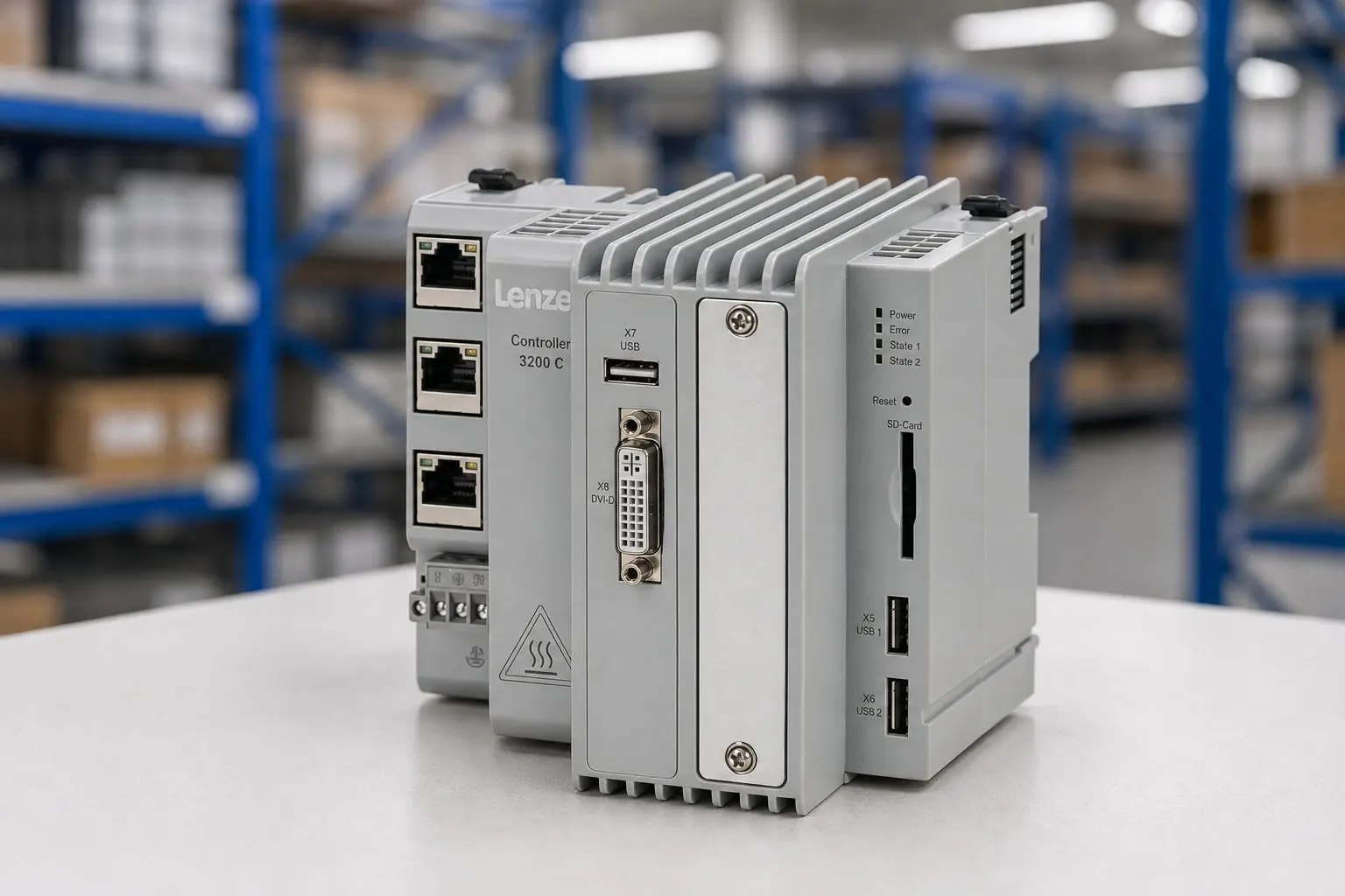 Lenze-artiger Controller 3200 C auf einer Werkbank im Lager