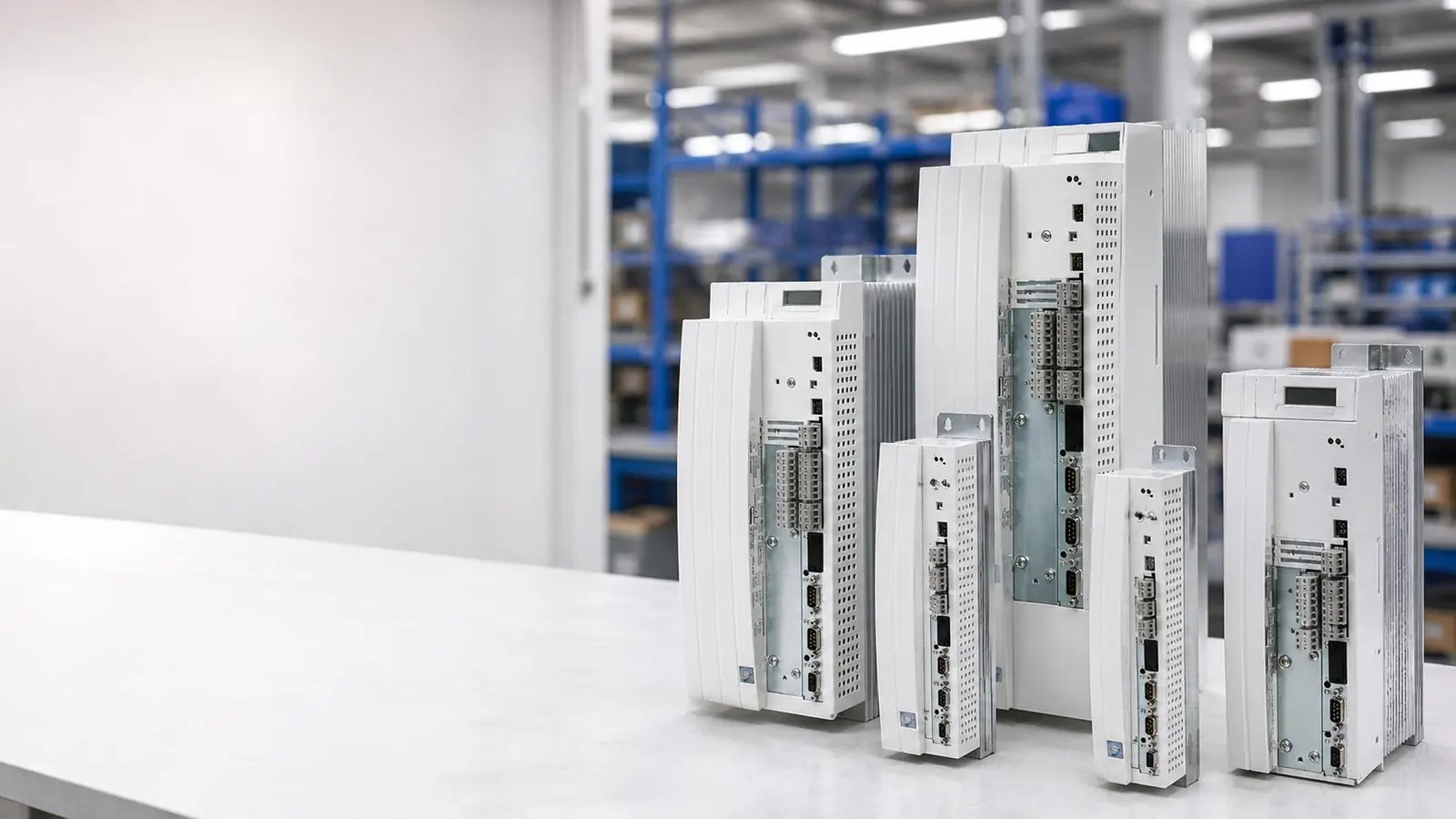 Lenze Frequenzumrichter und Antriebstechnik auf einer Werkbank im Lager