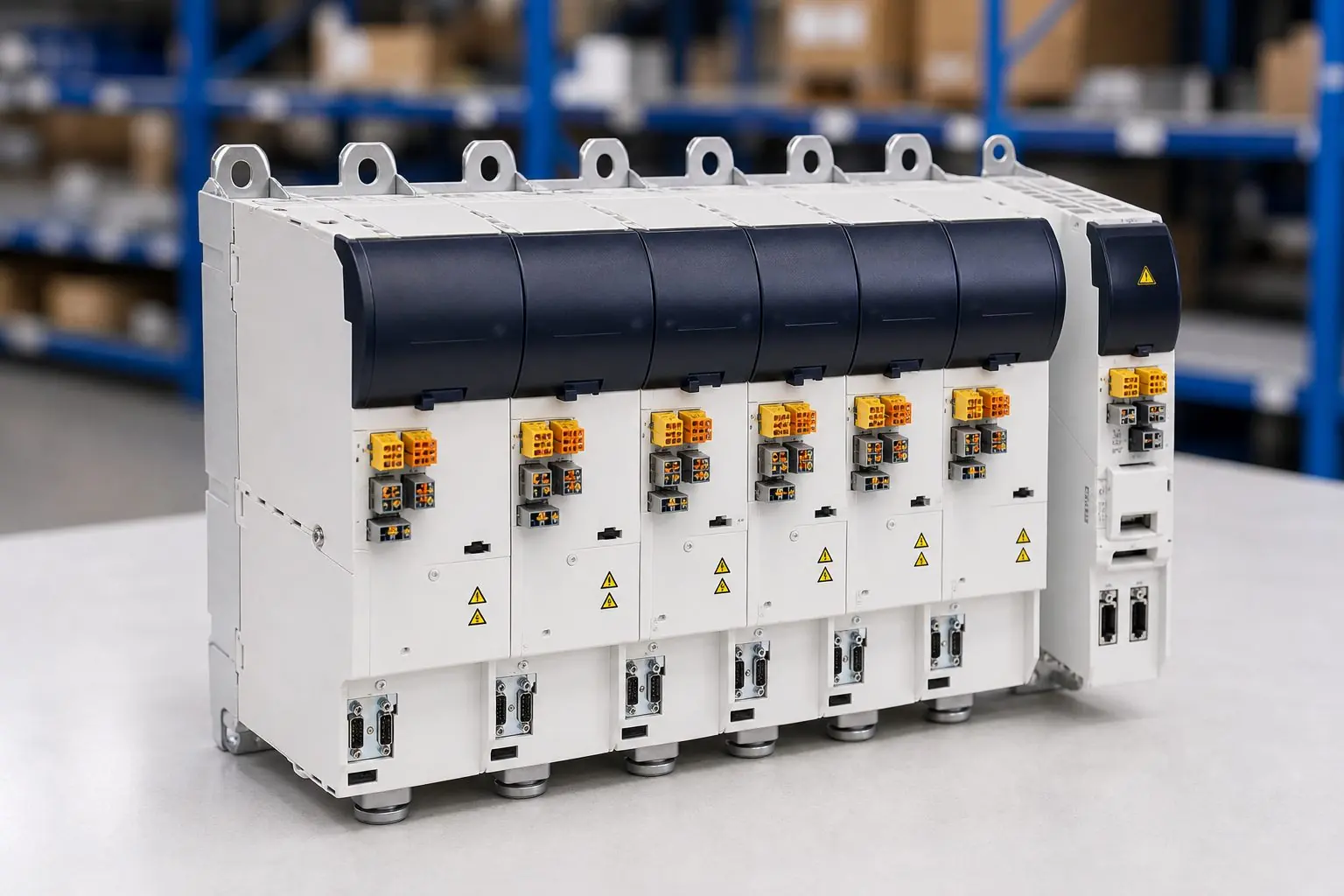 Lenze i700 Modulbank auf einer Werkbank im Lager