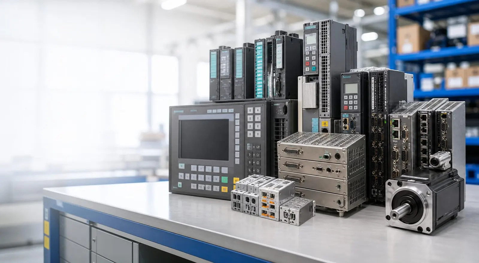 Industriekomponenten, SPS-Baugruppen, Antriebstechnik und Servomotor auf einer Werkbank