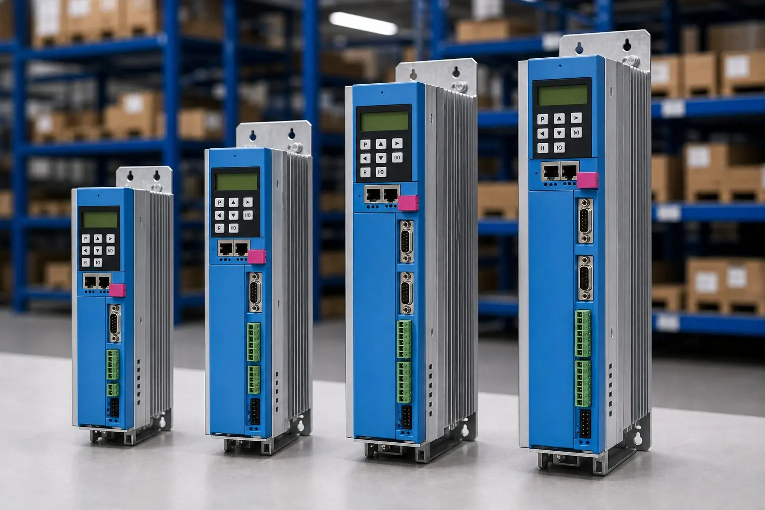 Stöber MDS 5000 Frequenzumrichter auf einer Werkbank im Lager